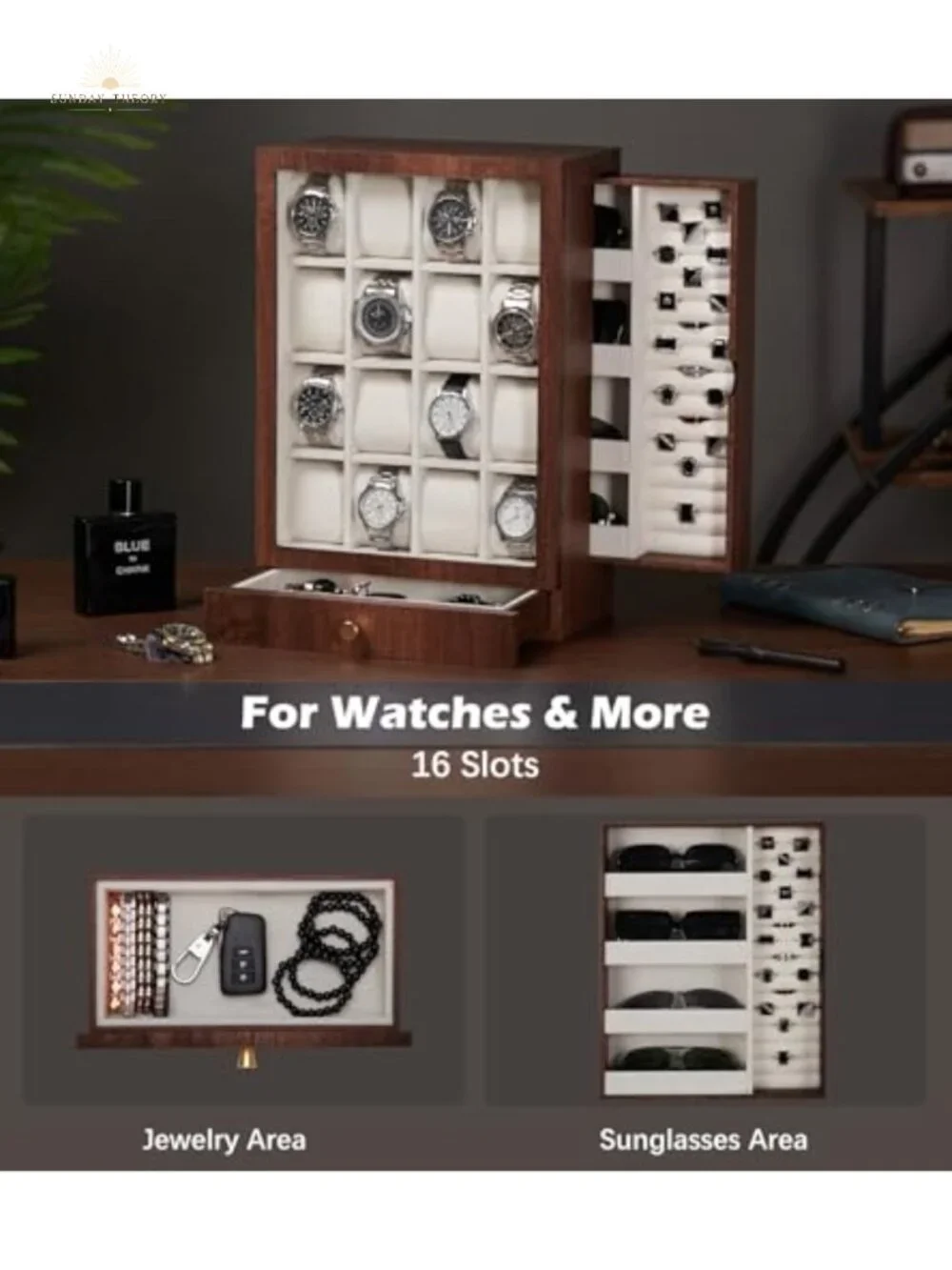 Wooden Watch Box with 16 Slots for Men Jewelry Display Case